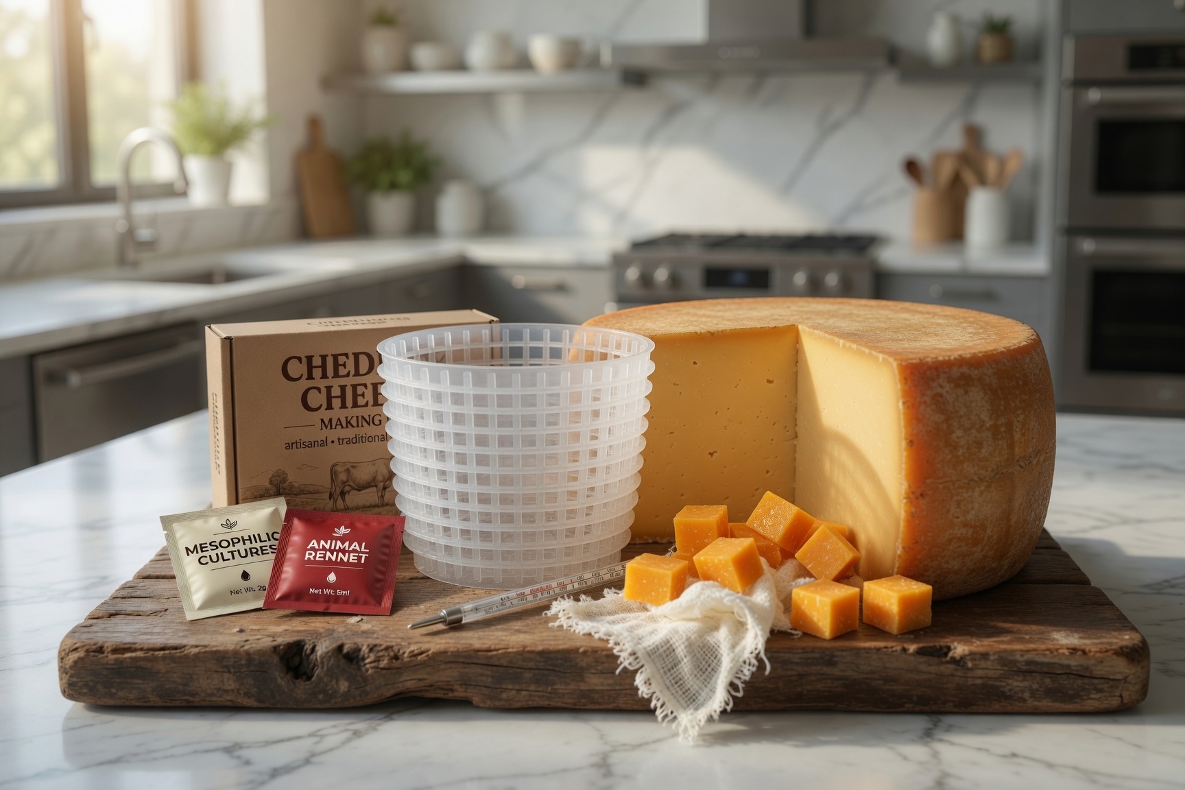 Meule de cheddar maison affinée, coupée en deux sur une planche à fromage